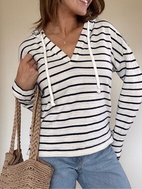 J. Crew White and Navy Striped Hooded Pullover